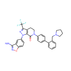 Nc1noc2ccc(-n3nc(C(F)(F)F)c4c3C(=O)N(c3ccc(-c5ccccc5CN5CCCC5)cc3)CC4)cc12 ZINC000014950430