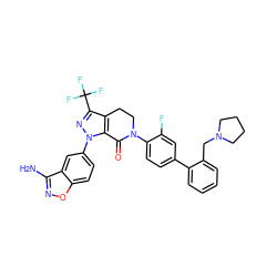 Nc1noc2ccc(-n3nc(C(F)(F)F)c4c3C(=O)N(c3ccc(-c5ccccc5CN5CCCC5)cc3F)CC4)cc12 ZINC000014950454