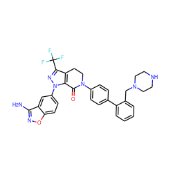 Nc1noc2ccc(-n3nc(C(F)(F)F)c4c3C(=O)N(c3ccc(-c5ccccc5CN5CCNCC5)cc3)CC4)cc12 ZINC000023358135