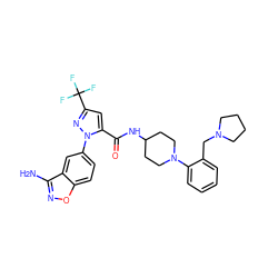 Nc1noc2ccc(-n3nc(C(F)(F)F)cc3C(=O)NC3CCN(c4ccccc4CN4CCCC4)CC3)cc12 ZINC000014969556