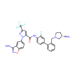 Nc1noc2ccc(-n3nc(C(F)(F)F)cc3C(=O)Nc3ccc(-c4ccccc4CN4CC[C@H](N)C4)cc3F)cc12 ZINC000023358210