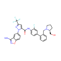 Nc1noc2ccc(-n3nc(C(F)(F)F)cc3C(=O)Nc3ccc(-c4ccccc4CN4CCC[C@H]4CO)cc3F)cc12 ZINC000014951149