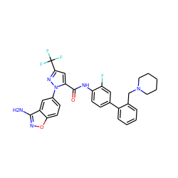 Nc1noc2ccc(-n3nc(C(F)(F)F)cc3C(=O)Nc3ccc(-c4ccccc4CN4CCCCC4)cc3F)cc12 ZINC000014951182