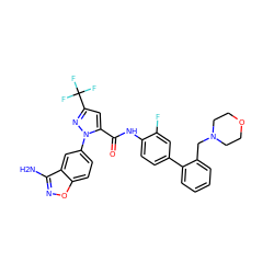 Nc1noc2ccc(-n3nc(C(F)(F)F)cc3C(=O)Nc3ccc(-c4ccccc4CN4CCOCC4)cc3F)cc12 ZINC000014951189