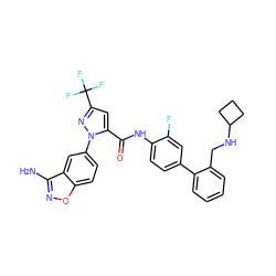 Nc1noc2ccc(-n3nc(C(F)(F)F)cc3C(=O)Nc3ccc(-c4ccccc4CNC4CCC4)cc3F)cc12 ZINC000014951124