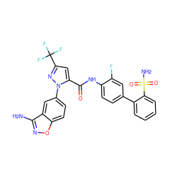 Nc1noc2ccc(-n3nc(C(F)(F)F)cc3C(=O)Nc3ccc(-c4ccccc4S(N)(=O)=O)cc3F)cc12 ZINC000014950377