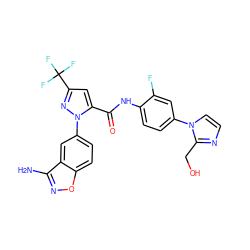 Nc1noc2ccc(-n3nc(C(F)(F)F)cc3C(=O)Nc3ccc(-n4ccnc4CO)cc3F)cc12 ZINC000013611521