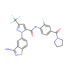 Nc1noc2ccc(-n3nc(C(F)(F)F)cc3C(=O)Nc3ccc(C(=O)N4CCCC4)cc3F)cc12 ZINC000013611511