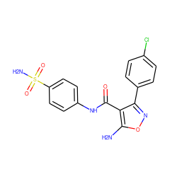 Nc1onc(-c2ccc(Cl)cc2)c1C(=O)Nc1ccc(S(N)(=O)=O)cc1 ZINC001772639541