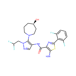 Nc1sc(-c2c(F)cccc2F)nc1C(=O)Nc1cnn(CC(F)F)c1N1CCC[C@@H](O)CC1 ZINC000169699272