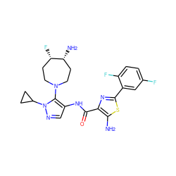 Nc1sc(-c2cc(F)ccc2F)nc1C(=O)Nc1cnn(C2CC2)c1N1CC[C@H](F)[C@H](N)CC1 ZINC000169699385