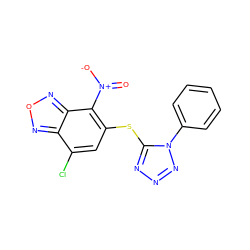 O=[N+]([O-])c1c(Sc2nnnn2-c2ccccc2)cc(Cl)c2nonc12 ZINC000009307651