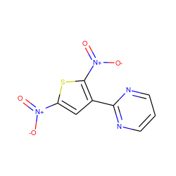 O=[N+]([O-])c1cc(-c2ncccn2)c([N+](=O)[O-])s1 ZINC000004419522