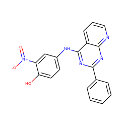 O=[N+]([O-])c1cc(Nc2nc(-c3ccccc3)nc3ncccc23)ccc1O ZINC001772619291