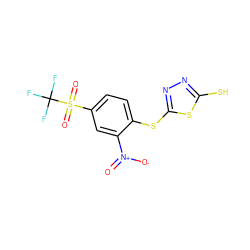 O=[N+]([O-])c1cc(S(=O)(=O)C(F)(F)F)ccc1Sc1nnc(S)s1 ZINC000002976359