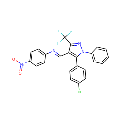 O=[N+]([O-])c1ccc(/N=C/c2c(C(F)(F)F)nn(-c3ccccc3)c2-c2ccc(Cl)cc2)cc1 ZINC000084596048