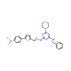 O=[N+]([O-])c1ccc(-c2ccc(/C=N/Nc3nc(NCc4ccccc4)nc(N4CCOCC4)n3)o2)cc1 ZINC000013152426