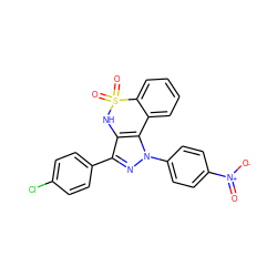 O=[N+]([O-])c1ccc(-n2nc(-c3ccc(Cl)cc3)c3c2-c2ccccc2S(=O)(=O)N3)cc1 ZINC000084670573