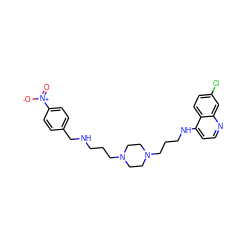 O=[N+]([O-])c1ccc(CNCCCN2CCN(CCCNc3ccnc4cc(Cl)ccc34)CC2)cc1 ZINC000027643047