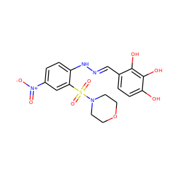 O=[N+]([O-])c1ccc(N/N=C/c2ccc(O)c(O)c2O)c(S(=O)(=O)N2CCOCC2)c1 ZINC000012564585