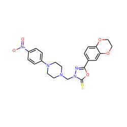 O=[N+]([O-])c1ccc(N2CCN(Cn3nc(-c4ccc5c(c4)OCCO5)oc3=S)CC2)cc1 ZINC001772644437