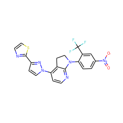 O=[N+]([O-])c1ccc(N2CCc3c(-n4ccc(-c5nccs5)n4)ccnc32)c(C(F)(F)F)c1 ZINC000040849047