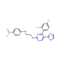 O=[N+]([O-])c1ccc(NCCNc2ncc(-c3ncc[nH]3)c(-c3ccc(Cl)cc3Cl)n2)nc1 ZINC000040860709