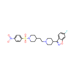 O=[N+]([O-])c1ccc(S(=O)(=O)N2CCC(CCN3CCC(c4noc5cc(F)ccc45)CC3)CC2)cc1 ZINC000653785997