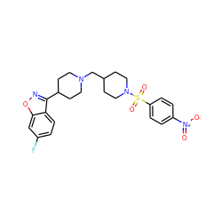 O=[N+]([O-])c1ccc(S(=O)(=O)N2CCC(CN3CCC(c4noc5cc(F)ccc45)CC3)CC2)cc1 ZINC000653783783