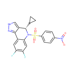 O=[N+]([O-])c1ccc(S(=O)(=O)N2c3cc(F)c(F)cc3-c3n[nH]cc3[C@@H]2C2CC2)cc1 ZINC000045318441