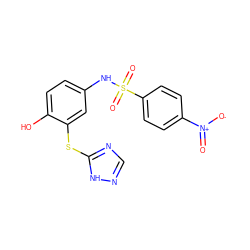 O=[N+]([O-])c1ccc(S(=O)(=O)Nc2ccc(O)c(Sc3ncn[nH]3)c2)cc1 ZINC000096285185