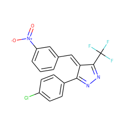 O=[N+]([O-])c1cccc(/C=C2\C(c3ccc(Cl)cc3)=NN=C2C(F)(F)F)c1 ZINC000084616544