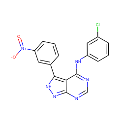 O=[N+]([O-])c1cccc(-c2[nH]nc3ncnc(Nc4cccc(Cl)c4)c23)c1 ZINC000003815230