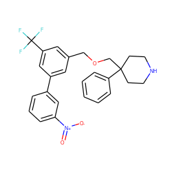 O=[N+]([O-])c1cccc(-c2cc(COCC3(c4ccccc4)CCNCC3)cc(C(F)(F)F)c2)c1 ZINC000144164759