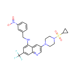 O=[N+]([O-])c1cccc(CNc2cc(C(F)(F)F)cc3ncc(N4CCN(S(=O)(=O)C5CC5)CC4)cc23)c1 ZINC000071296305