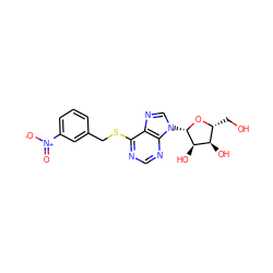 O=[N+]([O-])c1cccc(CSc2ncnc3c2ncn3[C@@H]2O[C@H](CO)[C@@H](O)[C@H]2O)c1 ZINC000013560335