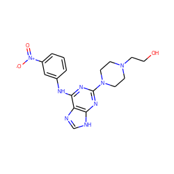 O=[N+]([O-])c1cccc(Nc2nc(N3CCN(CCO)CC3)nc3[nH]cnc23)c1 ZINC000053229642