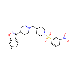 O=[N+]([O-])c1cccc(S(=O)(=O)N2CCC(CN3CCC(c4noc5cc(F)ccc45)CC3)CC2)c1 ZINC000653784816