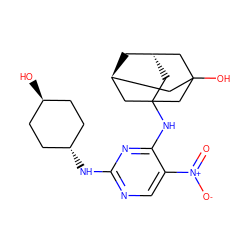 O=[N+]([O-])c1cnc(N[C@H]2CC[C@H](O)CC2)nc1NC12C[C@H]3C[C@@H](CC(O)(C3)C1)C2 ZINC000253667999