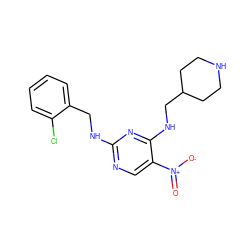 O=[N+]([O-])c1cnc(NCc2ccccc2Cl)nc1NCC1CCNCC1 ZINC000028898853