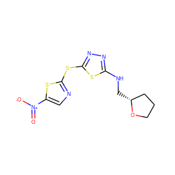 O=[N+]([O-])c1cnc(Sc2nnc(NC[C@@H]3CCCO3)s2)s1 ZINC000045369149