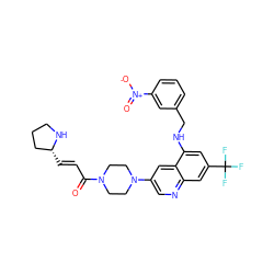 O=C(/C=C/[C@@H]1CCCN1)N1CCN(c2cnc3cc(C(F)(F)F)cc(NCc4cccc([N+](=O)[O-])c4)c3c2)CC1 ZINC000169322643