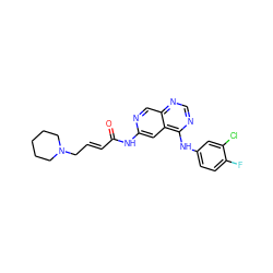 O=C(/C=C/CN1CCCCC1)Nc1cc2c(Nc3ccc(F)c(Cl)c3)ncnc2cn1 ZINC001772611443