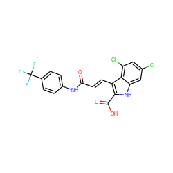 O=C(/C=C/c1c(C(=O)O)[nH]c2cc(Cl)cc(Cl)c12)Nc1ccc(C(F)(F)F)cc1 ZINC000013761298