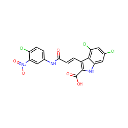 O=C(/C=C/c1c(C(=O)O)[nH]c2cc(Cl)cc(Cl)c12)Nc1ccc(Cl)c([N+](=O)[O-])c1 ZINC000013761296