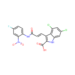 O=C(/C=C/c1c(C(=O)O)[nH]c2cc(Cl)cc(Cl)c12)Nc1ccc(F)cc1[N+](=O)[O-] ZINC000013761286