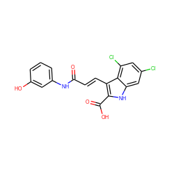 O=C(/C=C/c1c(C(=O)O)[nH]c2cc(Cl)cc(Cl)c12)Nc1cccc(O)c1 ZINC000013761281