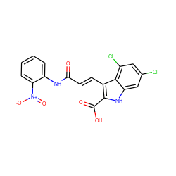 O=C(/C=C/c1c(C(=O)O)[nH]c2cc(Cl)cc(Cl)c12)Nc1ccccc1[N+](=O)[O-] ZINC000013761283