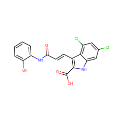 O=C(/C=C/c1c(C(=O)O)[nH]c2cc(Cl)cc(Cl)c12)Nc1ccccc1O ZINC000013761282