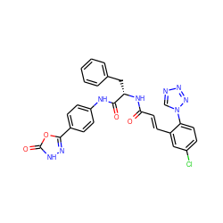 O=C(/C=C/c1cc(Cl)ccc1-n1cnnn1)N[C@@H](Cc1ccccc1)C(=O)Nc1ccc(-c2n[nH]c(=O)o2)cc1 ZINC000201536014